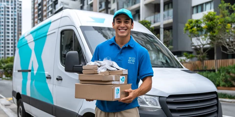 Motorista parceiro sorrindo ao lado de uma van elétrica com pacotes para entrega