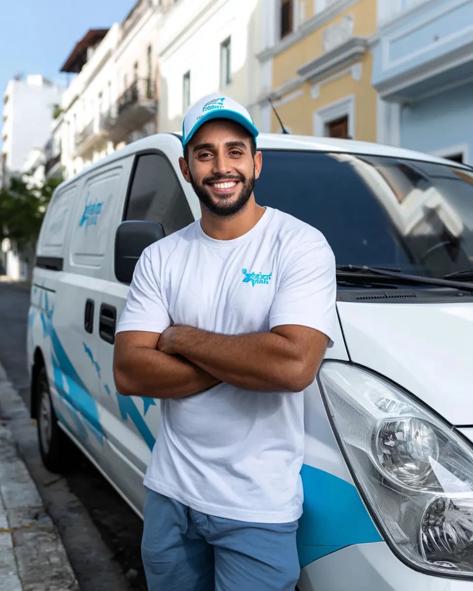 Motorista parceiro Yalla Green sorrindo ao lado da van elétrica